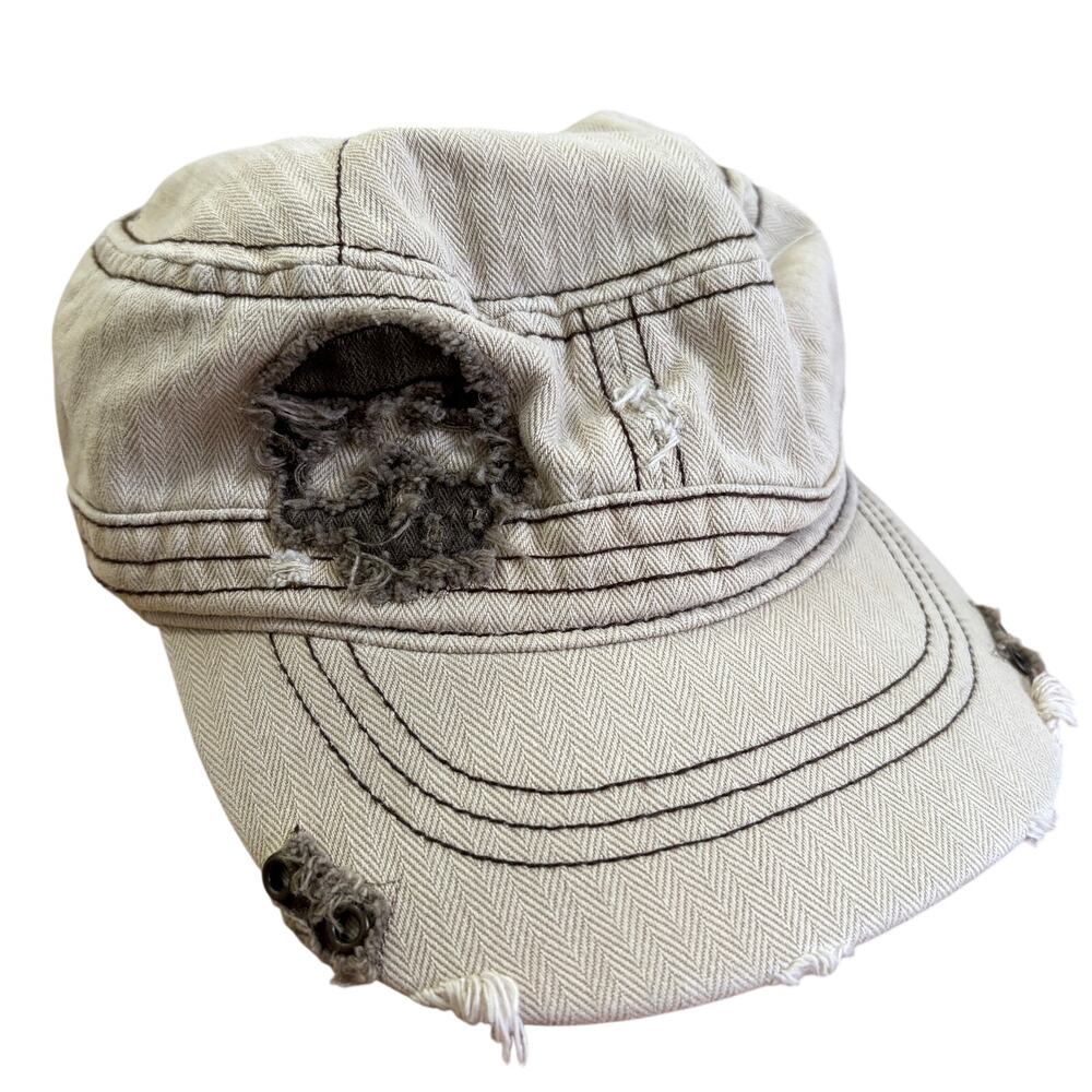 Y2K Cadet Hat Cap Skull Beige Distressed Patches Buttons Lids Women’s Size L/XL